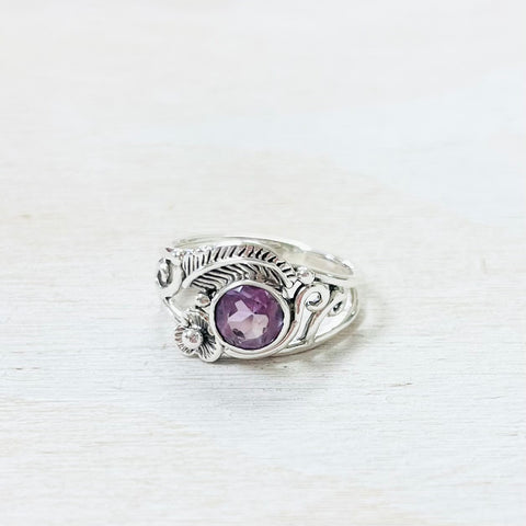 Sterling Silver Purple Stone Floral Ring