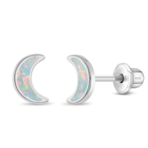 Sterling Silver Opal Crescent Moon Studs