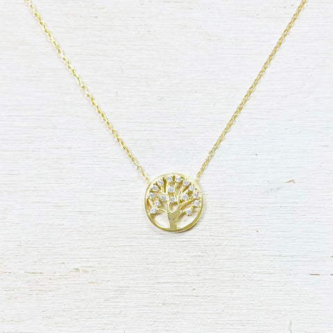 Sterling Silver Gold Plated CZ Tree of Life Necklace
