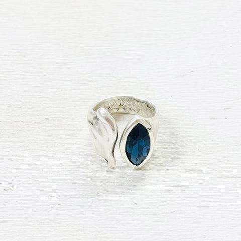 Fashion Silver Tone Dark Blue Stone Ring