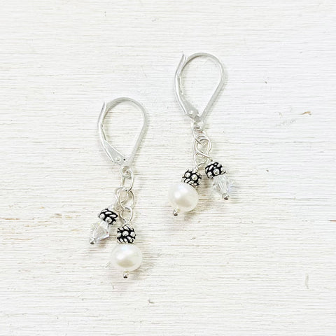 Sterling Silver Pearl and Crystal  Lever-Back Earrings