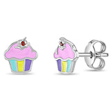 Sterling Silver Pink Frosted Cupcake Kids Earrings