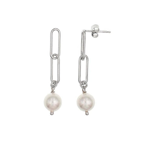 Sterling Silver Paperclip Pearl Dangle Earrings