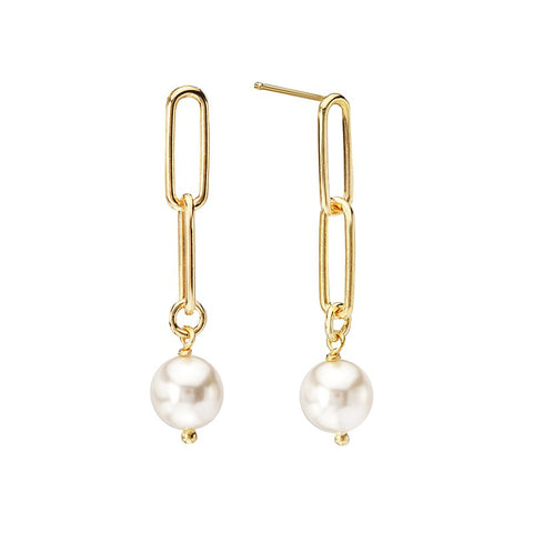 Sterling Silver Gold Plated Paperclip Pearl Dangle Earrings