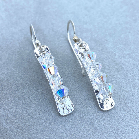 Sterling Silver Crystal Hammered Bar Earrings