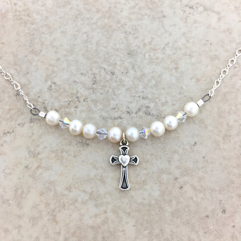Sterling Silver Children’s Pearl Cross Necklace