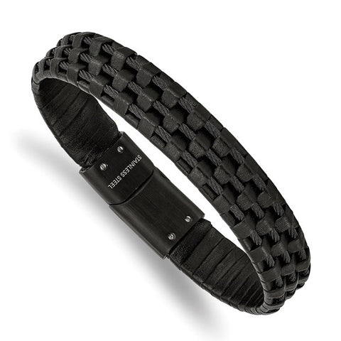 Stainless Steel and Black Leather Men’s Bracelet