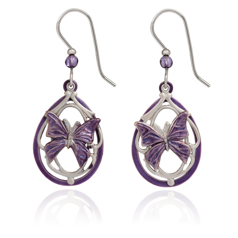 Silver Forest Purple Butterfly Dangle Earrings