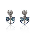Silver and Blue Dragonfly on Open Diamond Earrings