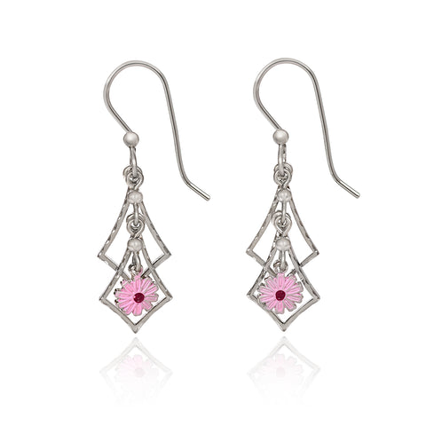 Silver Forest Pink Flower Abstract Earrings