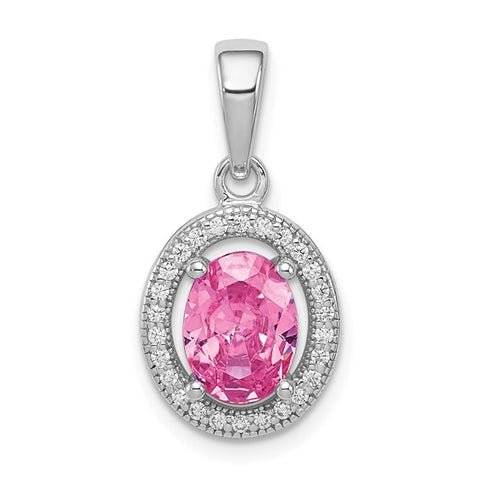 Sterling Silver October CZ Oval Halo Necklace