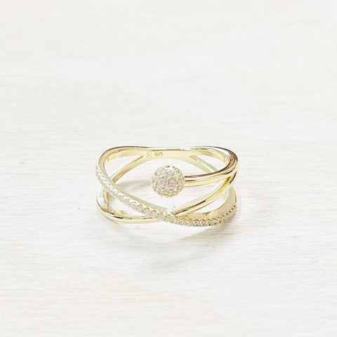 Sterling Silver Gold Plated CZ Criss Cross Ring
