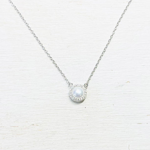 Sterling Silver Freshwater Pearl w CZ Halo Necklace