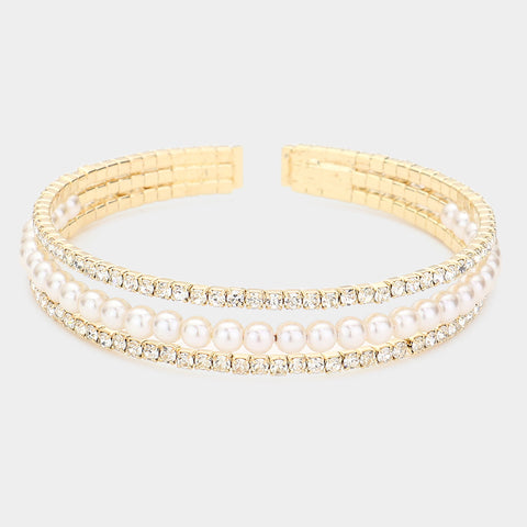 Fashion Gold Tone Rhinestone Pearl Cuff
