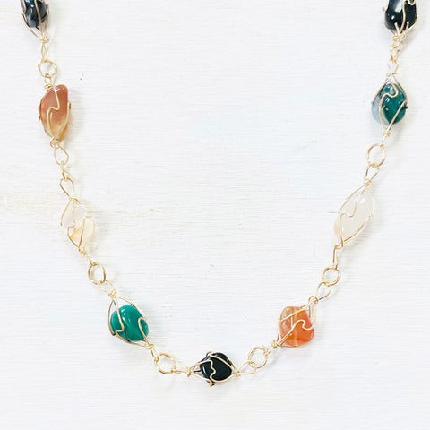 Fashion Gold Tone Multi Color Stones Long Necklace