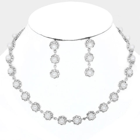 Fashion Silver Tone Pearl Rhinestone Flower Necklace Set