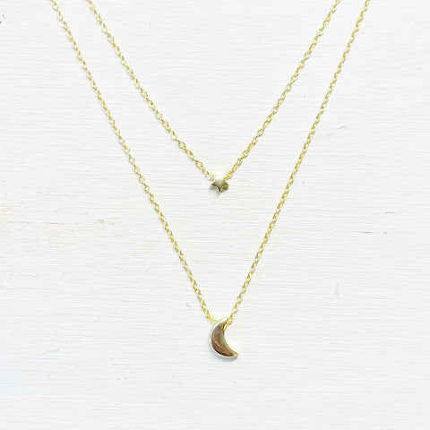 Sterling Silver Gold Plated Moon and Star Layered Necklace