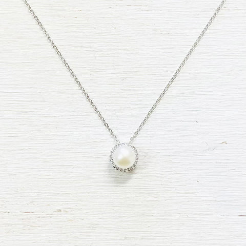 Sterling Silver CZ Freshwater Pearl Necklace