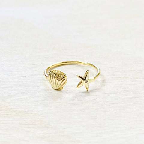 Sterling Silver Gold Plated Shell and Starfish Open Ring