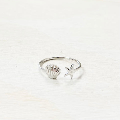 Sterling Silver Shell and Starfish Open Ring