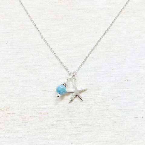 Sterling Silver Starfish and Larimar Drop Necklace