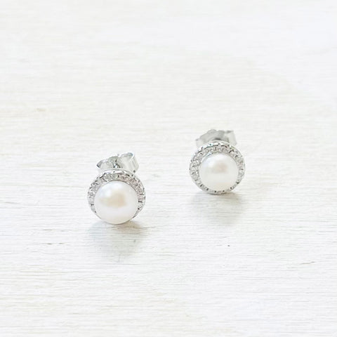 Sterling Silver CZ Freshwater Pearl Studs