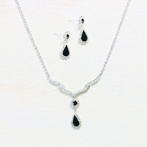 Fashion Silver Tone Rhinestone Black Teardrop Necklace Set