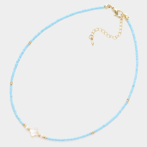 Fashion Blue Beaded Quatrefoil Necklace