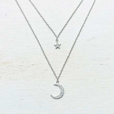 Sterling Silver CZ Moon and Star Layered Necklace