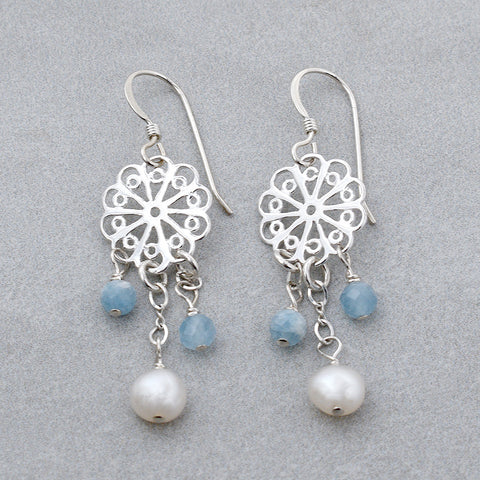 Sterling Silver Freshwater Pearl and Aquamarine Earrings