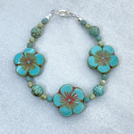 Sterling Silver Blue Glass Flower and Turquoise Bracelet