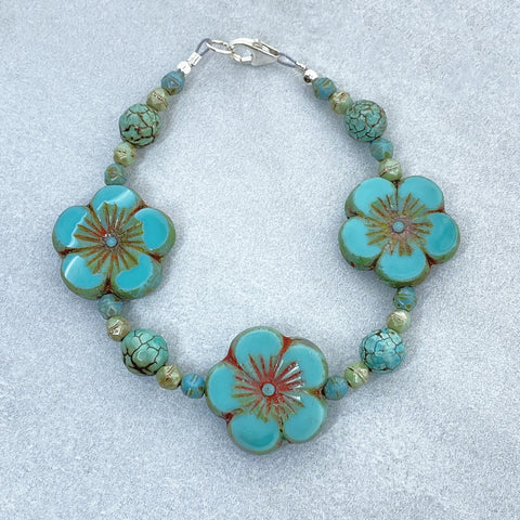 Sterling Silver Blue Glass Flower and Turquoise Bracelet