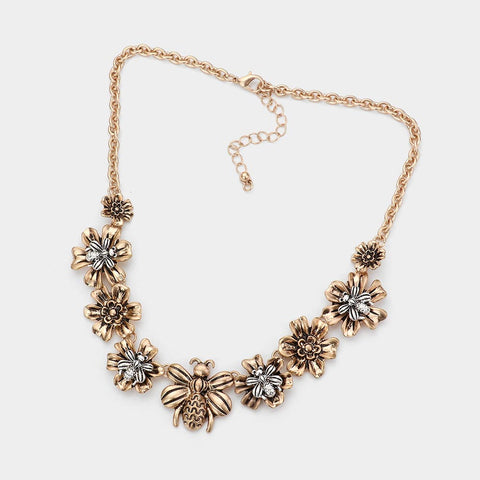 Fashion Two Tone Flower Bee Necklace Set