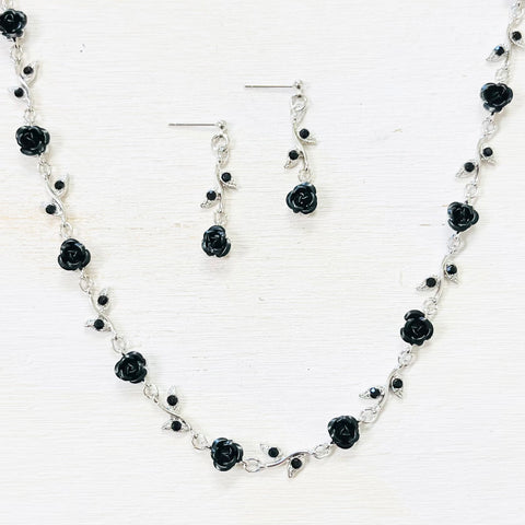 Fashion Black Flower Necklace and Earrings Set