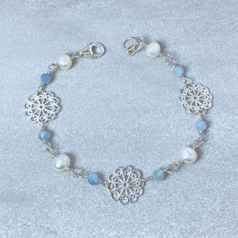 Sterling Silver Freshwater Pearl and Aquamarine Bracelet
