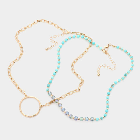 Fashion Gold Tone and Turquoise 2 Pc Necklace Set