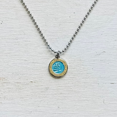 Small St. Christopher Surf Necklace- Baby Blue-Gold Rim