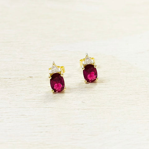 Sterling Silver Gold Plated Red Stone and CZ Studs