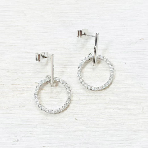Fashion Silver Tone CZ Circle Drop Earrings