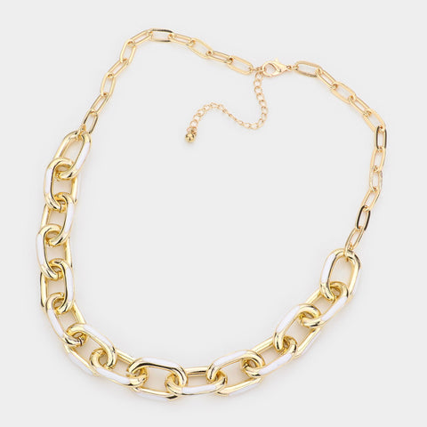 Fashion Gold Tone White Enamel Chunky Link Necklace