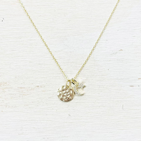 Sterling Silver Gold Plated CZ Moon, Star, and Disc Necklace