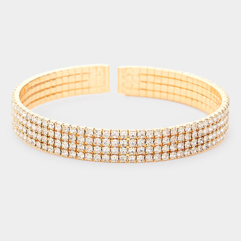 Fashion Gold Tone 4 Row Rhinestone Cuff