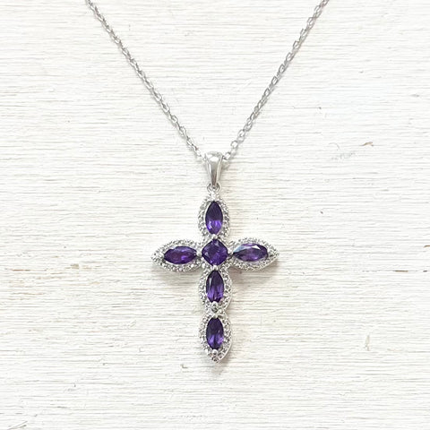 Estate Sterling Silver Cross with Purple Stones