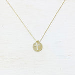 Sterling Silver Gold Plated CZ Cross and Disc Necklace