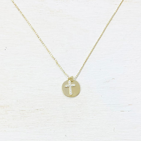 Sterling Silver Gold Plated CZ Cross and Disc Necklace