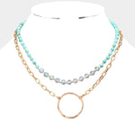 Fashion Gold Tone and Turquoise 2 Pc Necklace Set