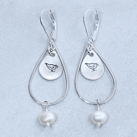 Sterling Silver Bird with Freshwater Pearl Earrings