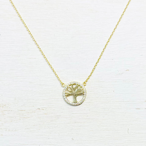 Sterling Silver Gold Plated CZ Tree of Life Necklace