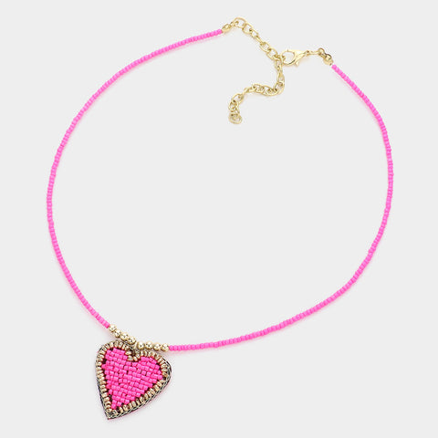 Fashion Pink Beaded Heart Necklace