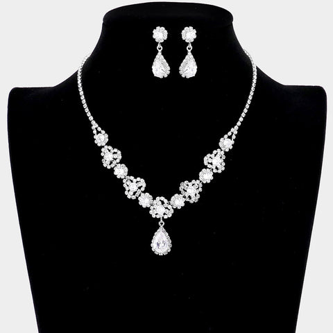 Fashion Silver Tone CZ Teardrop Necklace Set